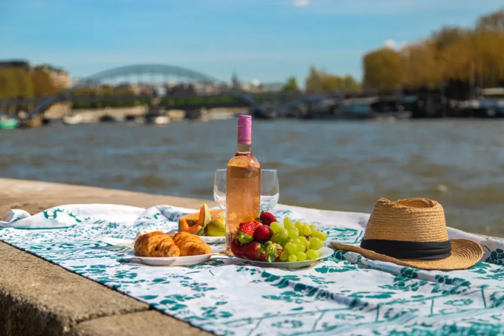 Picnic con vino y fruta junto al río Sena con un puente de París al fondo